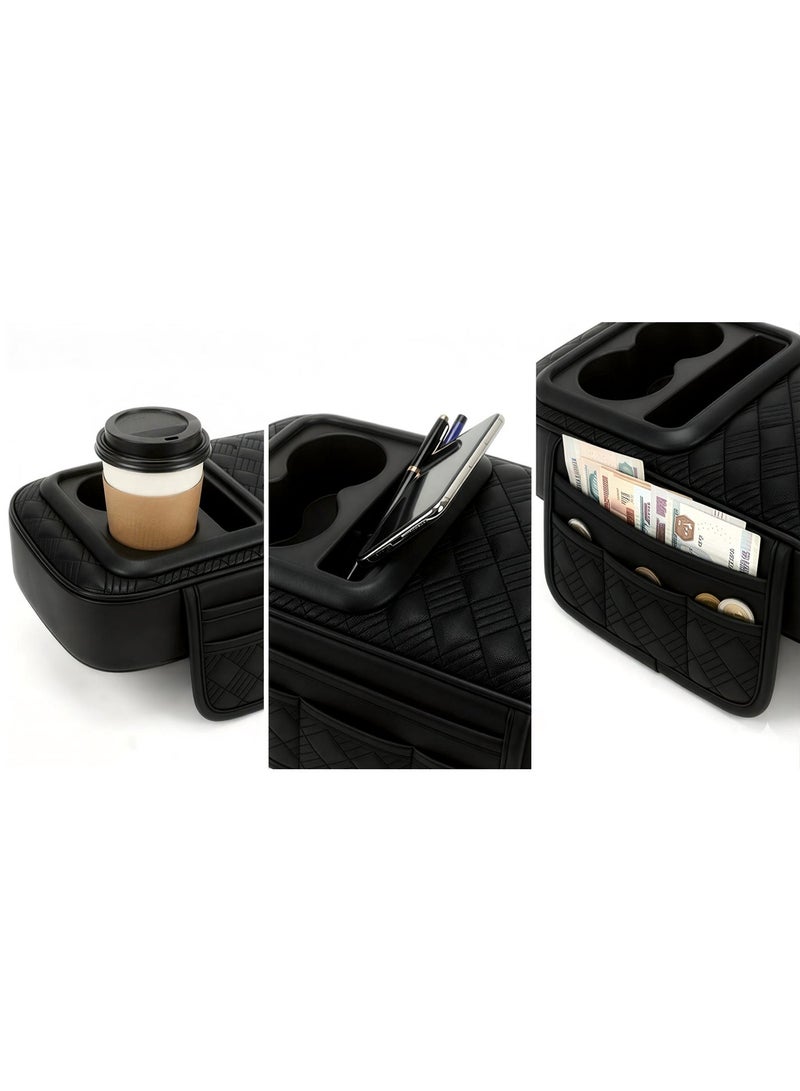 general Leather car armrest with cup holder and pockets for small items, padded design, - beige - Image 3